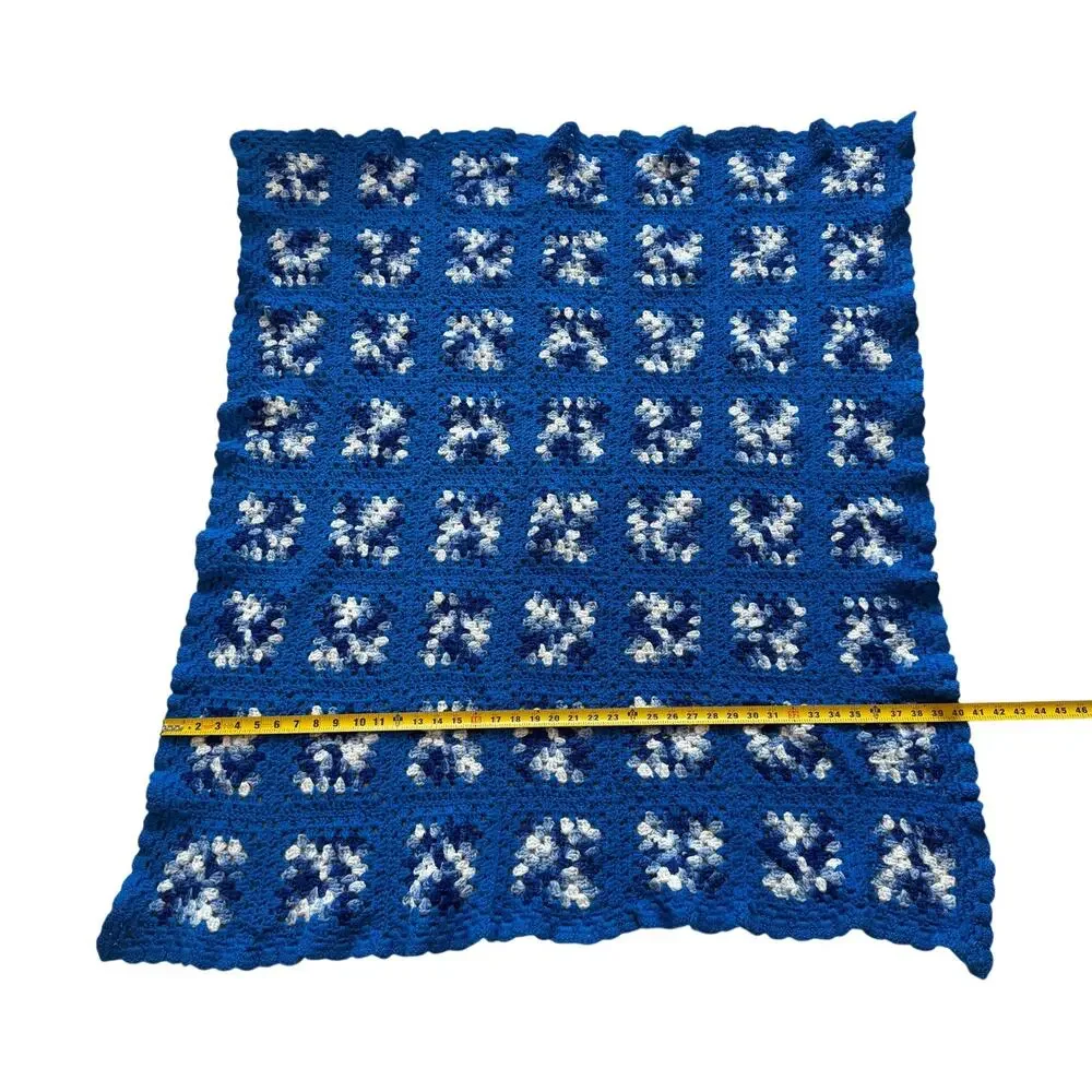 Handmade Blue &White Granny Square Crochet Afghan Throw Blanket 49'x42